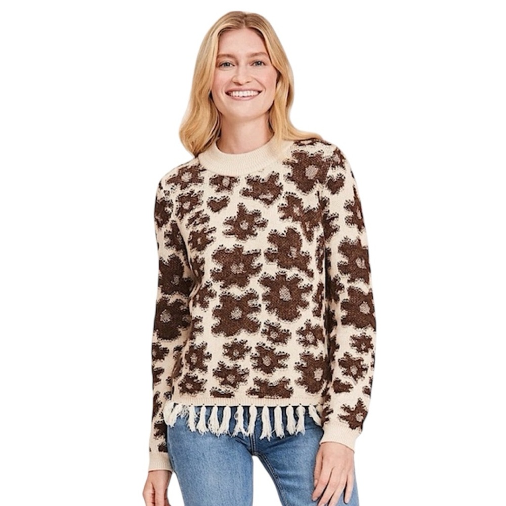 Tyler Boe Floral Sweater Wool Blend with Fringe - Teddy Bear Mulit